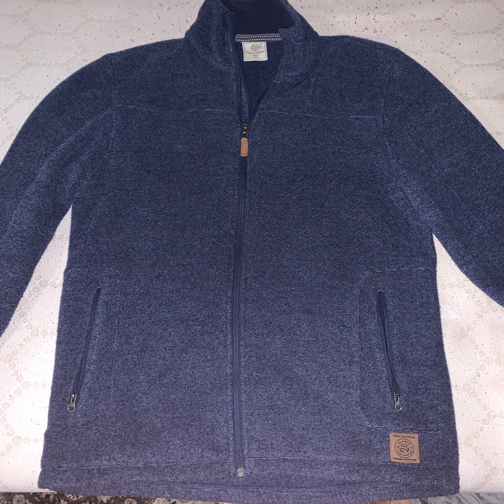 Navy Blue Field and Stream full zip sweater.